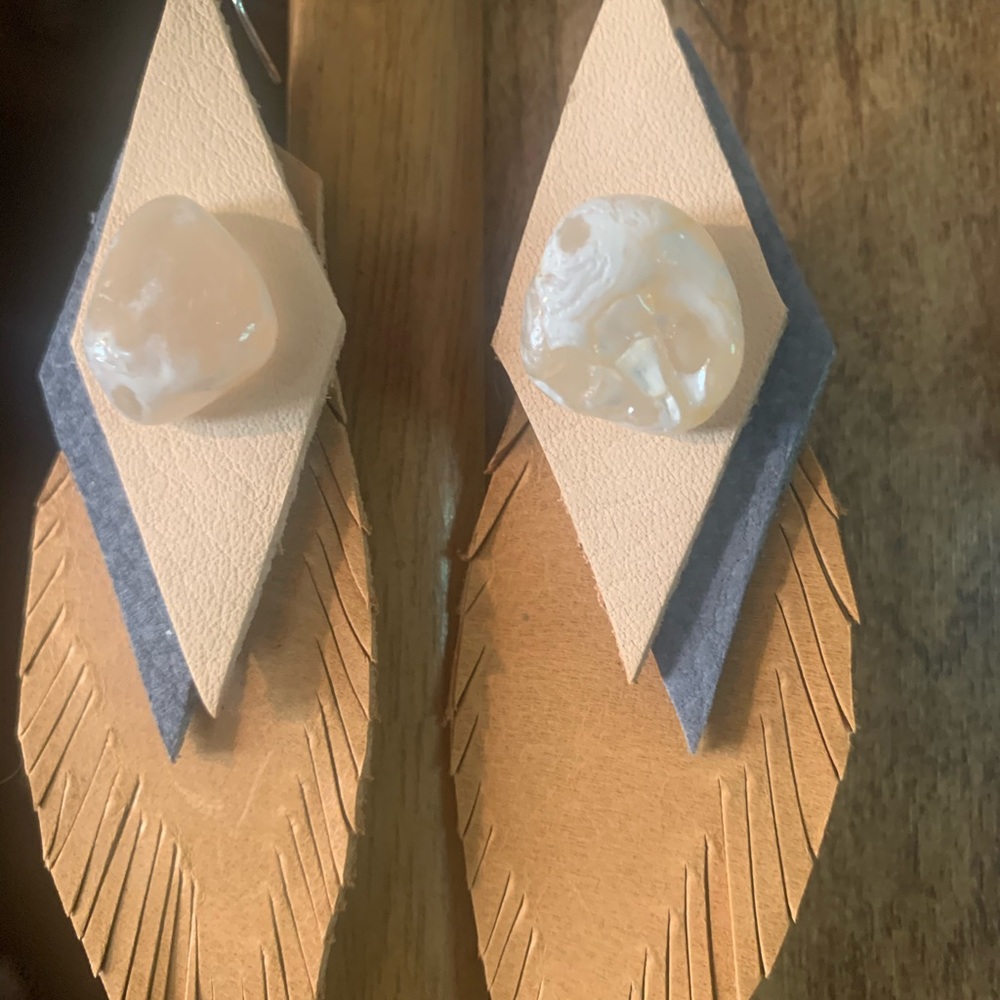 Artisan French Nubuck Blue Tan Agate Leather Feather Earrings - Picture 2 of 5